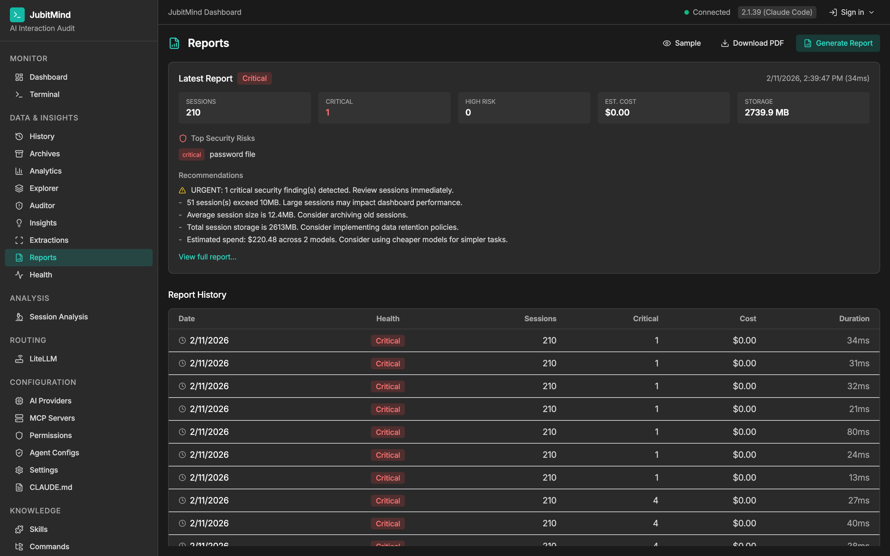 JubitMind Reports — one-click security audit reports